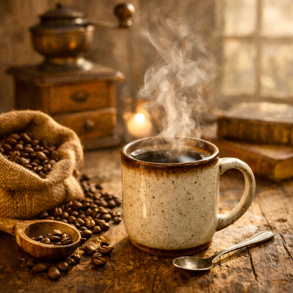 Steaming cup of fresh roasted Granddaddy’s Honor coffee on a rustic wooden table with coffee beans and vintage grinder for rich morning ritual.