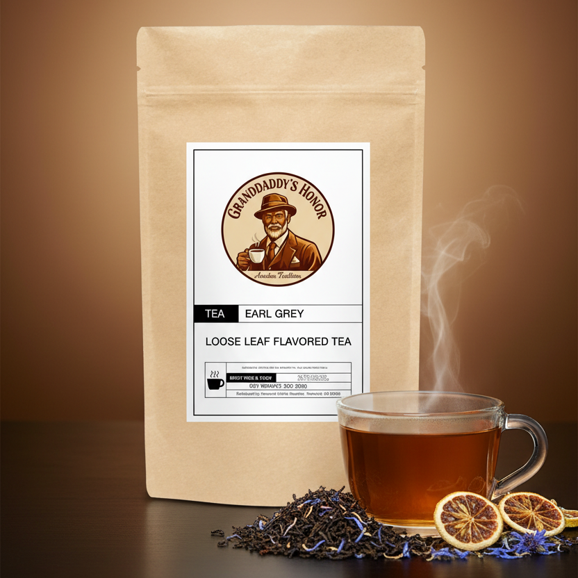 Granddaddy’s Honor Premium Earl Grey black tea with bergamot, Ceylon OP tea leaves and blue cornflowers