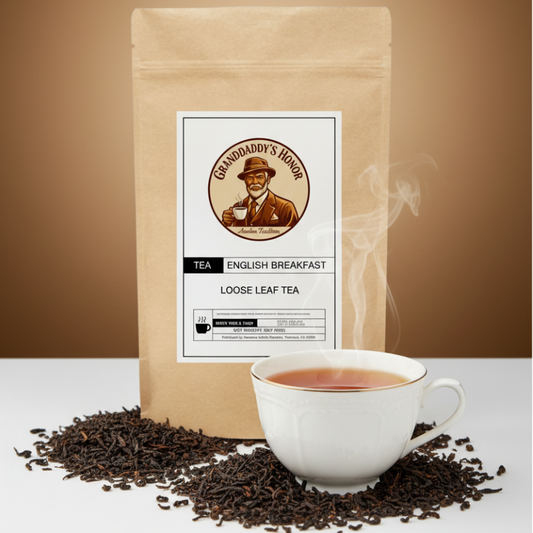 Granddaddy’s Honor Premium English Breakfast black tea blend with Assam, Ceylon, and Darjeeling organic tea leaves