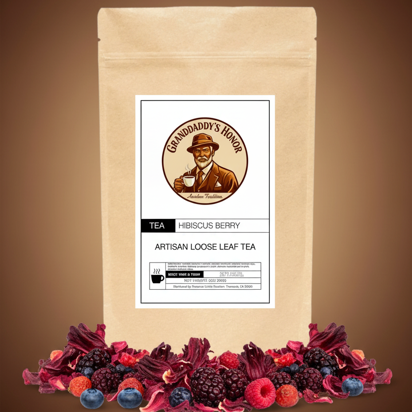 Granddaddy’s Honor Premium Hibiscus Berry herbal tea with organic hibiscus flowers, rooibos, and bright berry notes