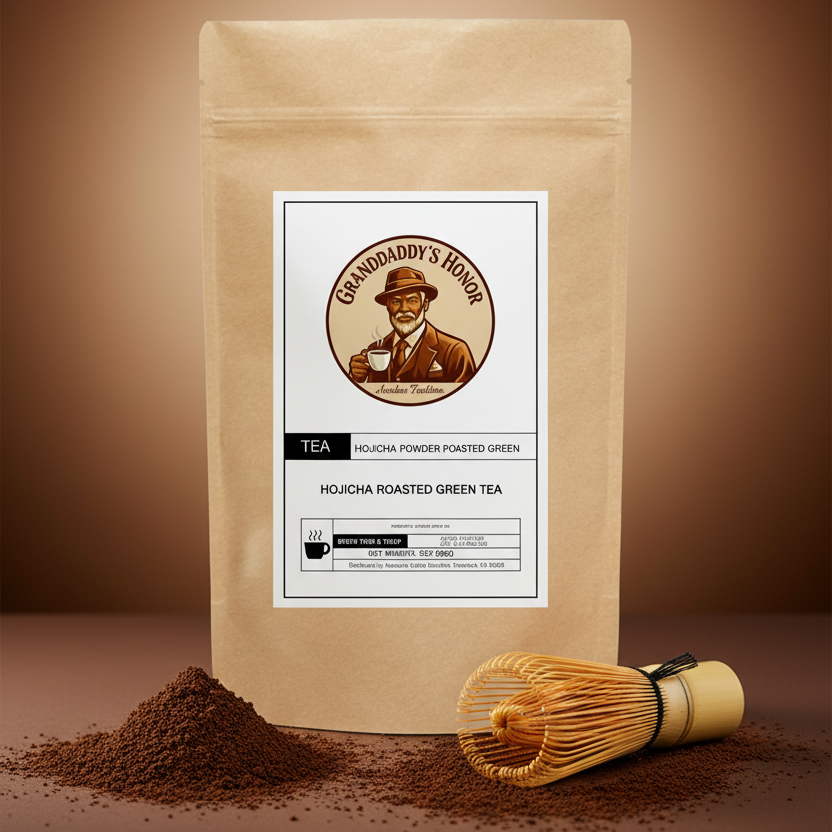 Granddaddy’s Honor Premium Hojicha roasted green tea powder with smooth toasted nutty flavor and balanced umami