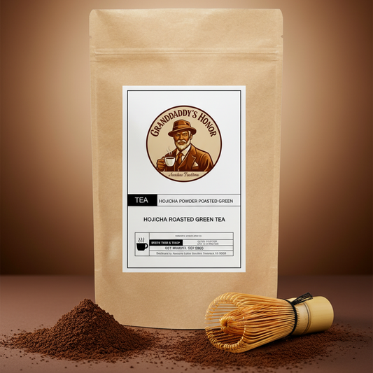 Granddaddy’s Honor Premium Hojicha roasted green tea powder with smooth toasted nutty flavor and balanced umami