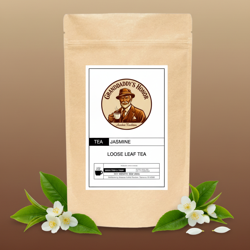 Granddaddy’s Honor Premium Loose Leaf Jasmine Green Tea, aromatic and high-quality, perfect for relaxing and daily tea rituals.