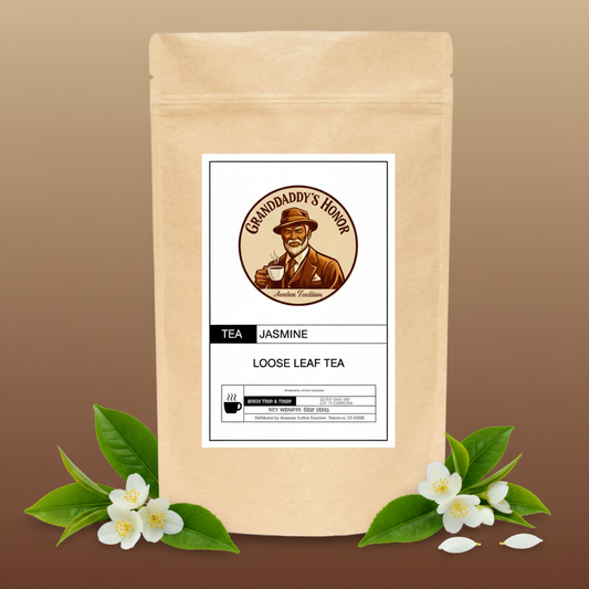 Granddaddy’s Honor Premium Loose Leaf Jasmine Green Tea, aromatic and high-quality, perfect for relaxing and daily tea rituals.