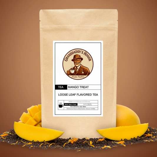 Granddaddy’s Honor Premium Mango Black Tea loose leaf with natural mango flavor and calendula petals