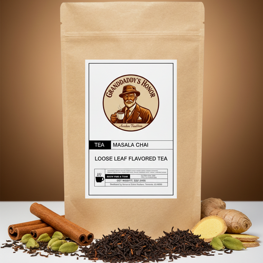 Granddaddy’s Honor Premium Masala Chai loose leaf tea with organic Assam black tea and traditional warming spices
