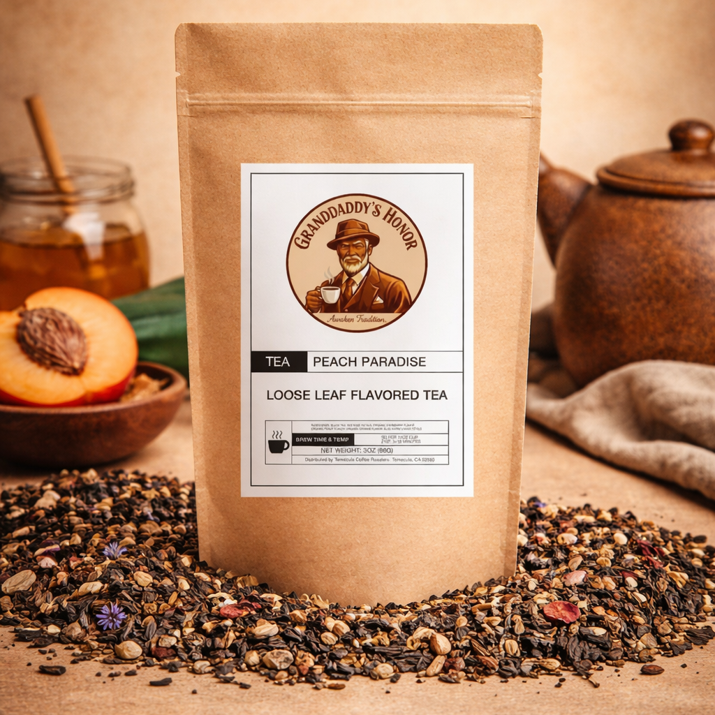 Granddaddy’s Honor Premium Peach Paradise Herbal Tea loose leaf with juicy peach, cranberry, and floral notes